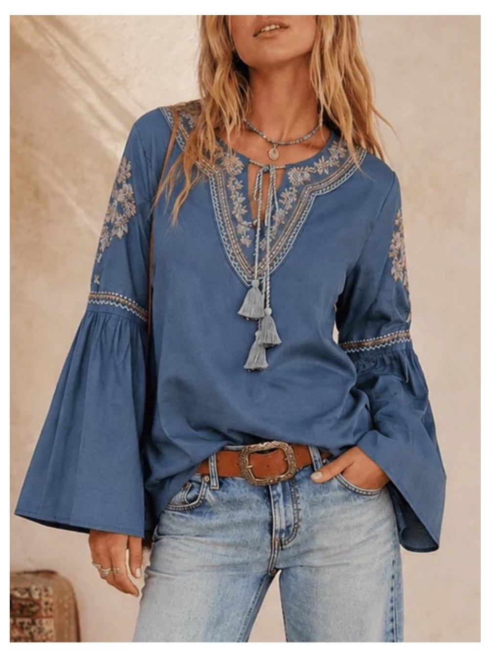 NWT TALORI Bell Sleeve Embroidery-Detailed Boho Top in Indigo